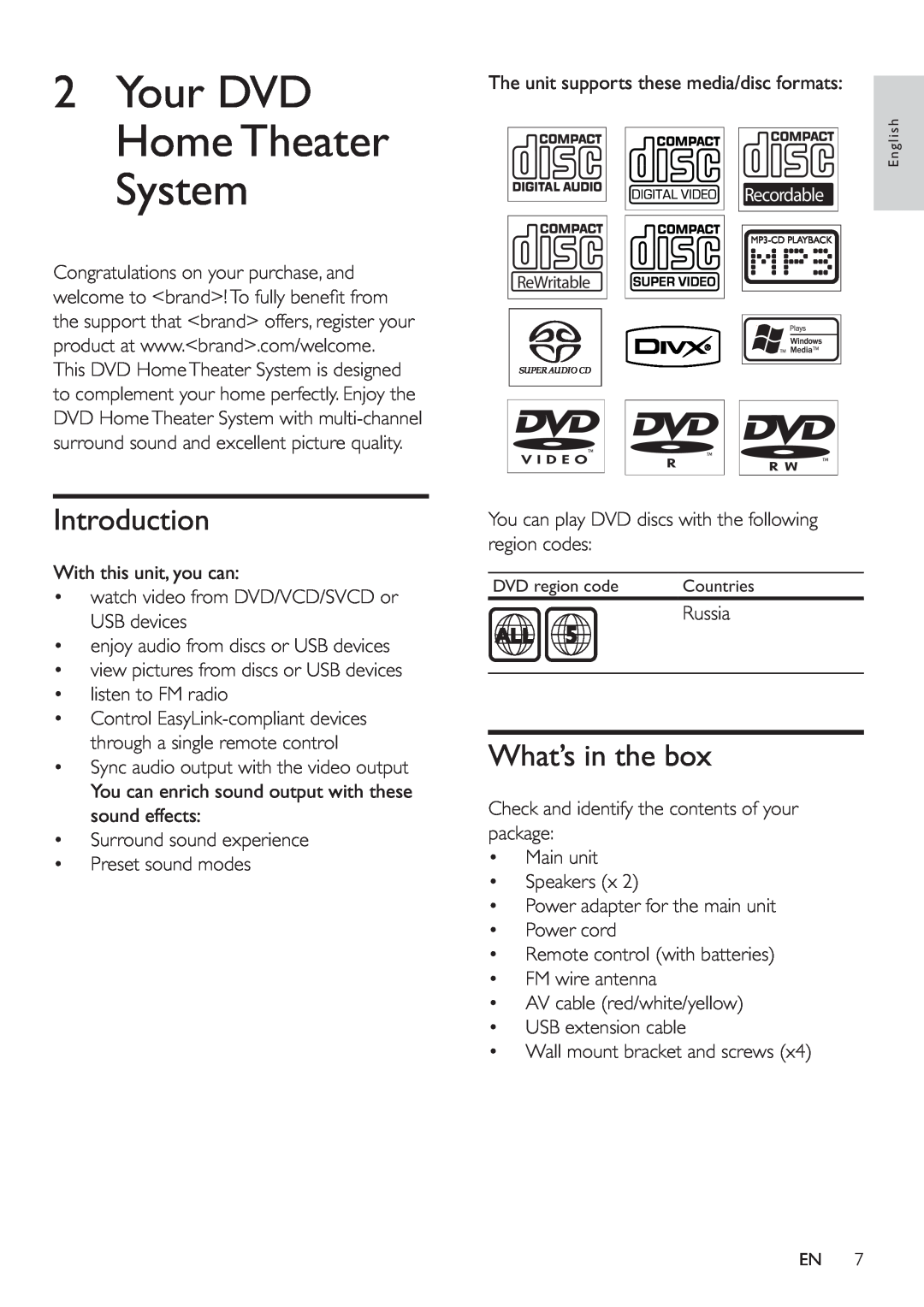Philips HSB2351/51 user manual 2Your DVD Home Theater System, Introduction, What’s in the box, Recordable 