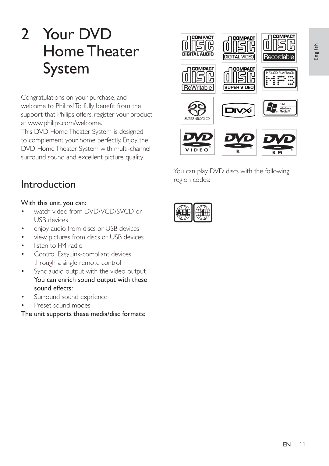 Philips HSB2351/55 Introduction, What’s in the box, You can play DVD discs with the following region codes, A. and Canada 