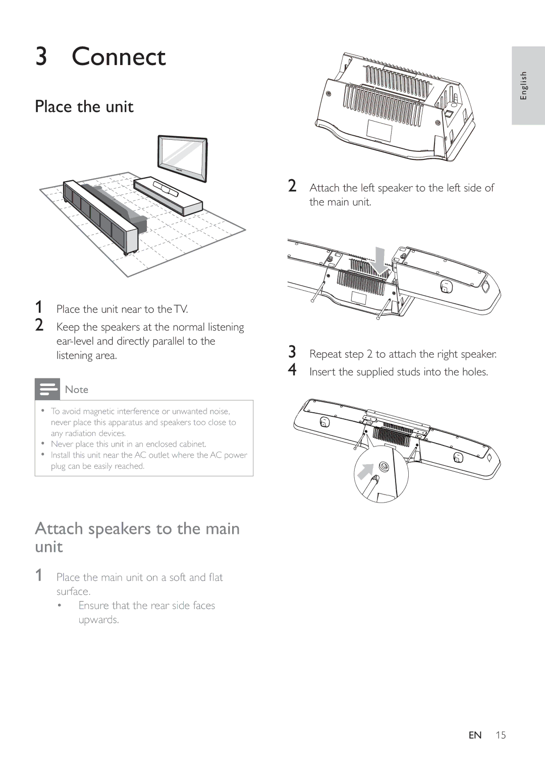 Philips HSB2351/55 user manual Connect, Place the unit, Attach speakers to the main unit 