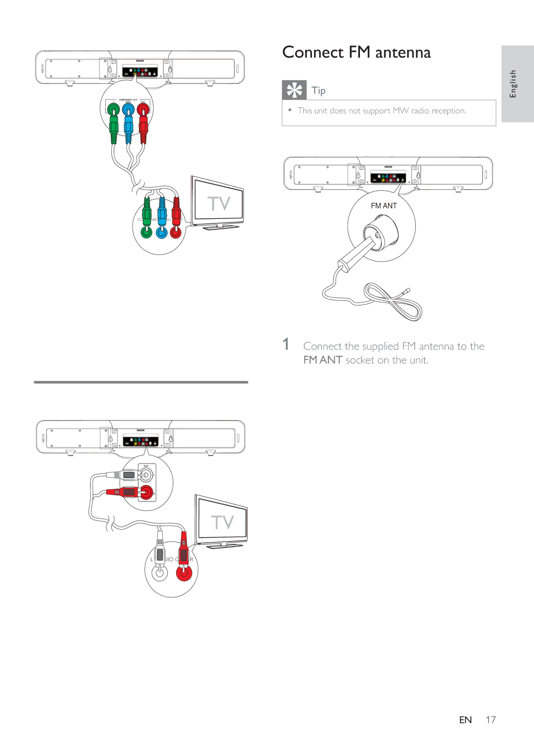 Philips HSB2351/55 user manual Connect audio cables Connect FM antenna 