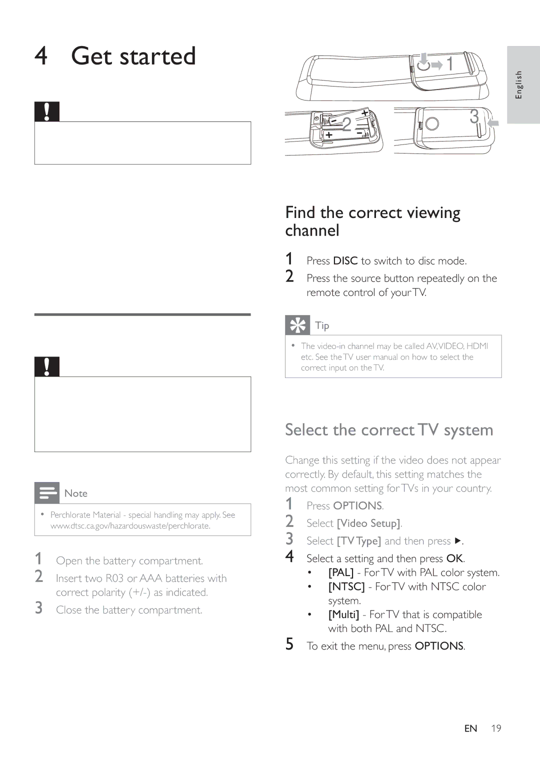 Philips HSB2351/55 Get started, Prepare the remote control, Find the correct viewing channel, Select the correctTV system 