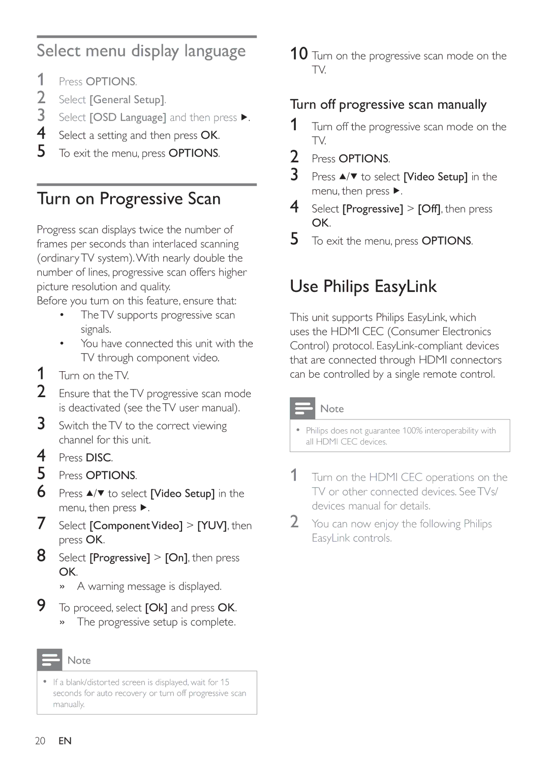 Philips HSB2351/55 user manual Select menu display language, Turn on Progressive Scan, Use Philips EasyLink 