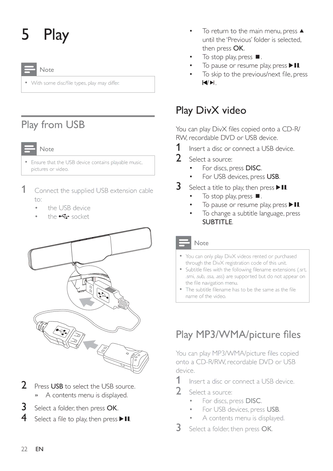 Philips HSB2351/55 user manual Play from USB, Play DivX video, Play MP3/WMA/picture ﬁ les, Subtitle 