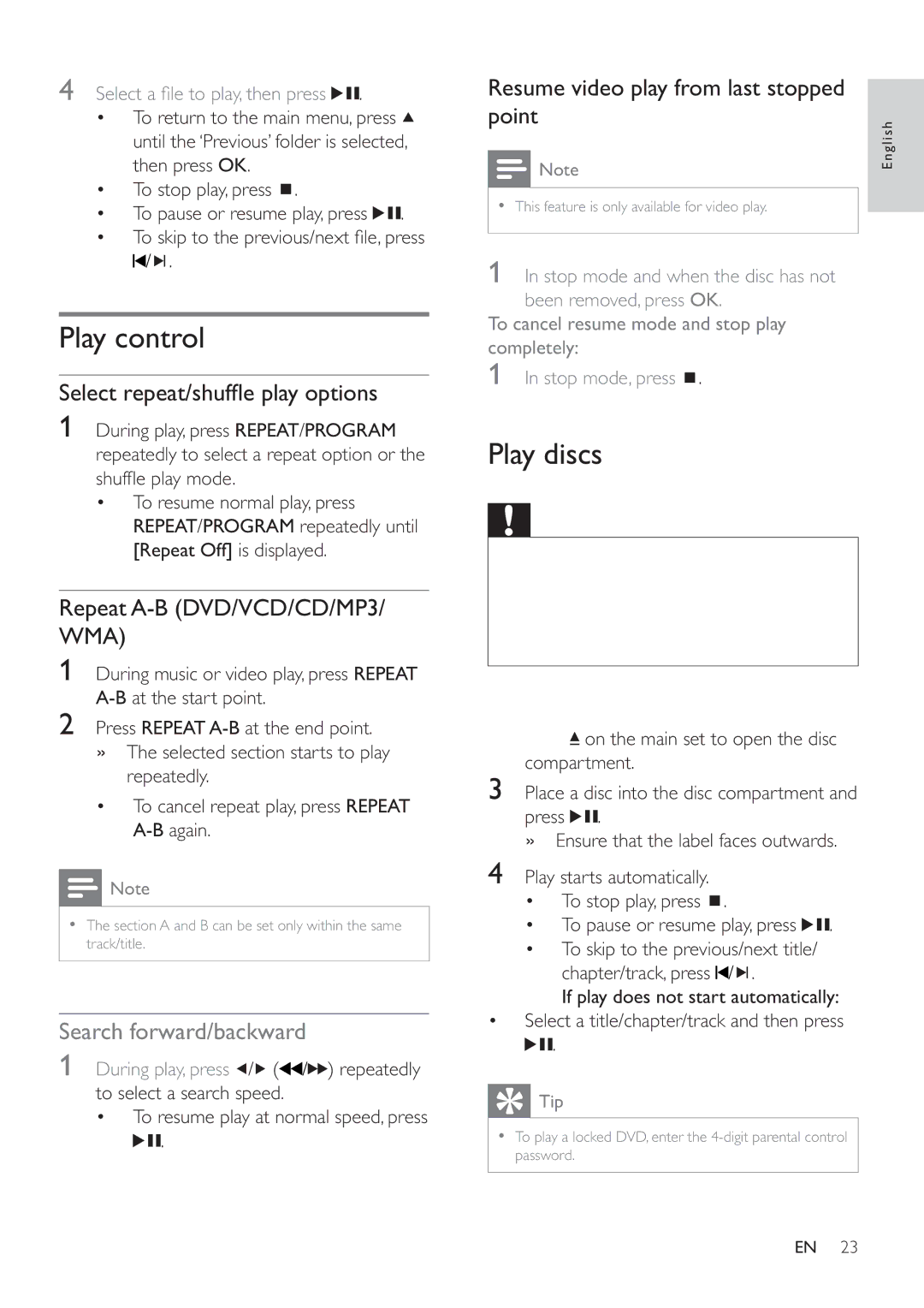 Philips HSB2351/55 user manual Play control, Play discs 