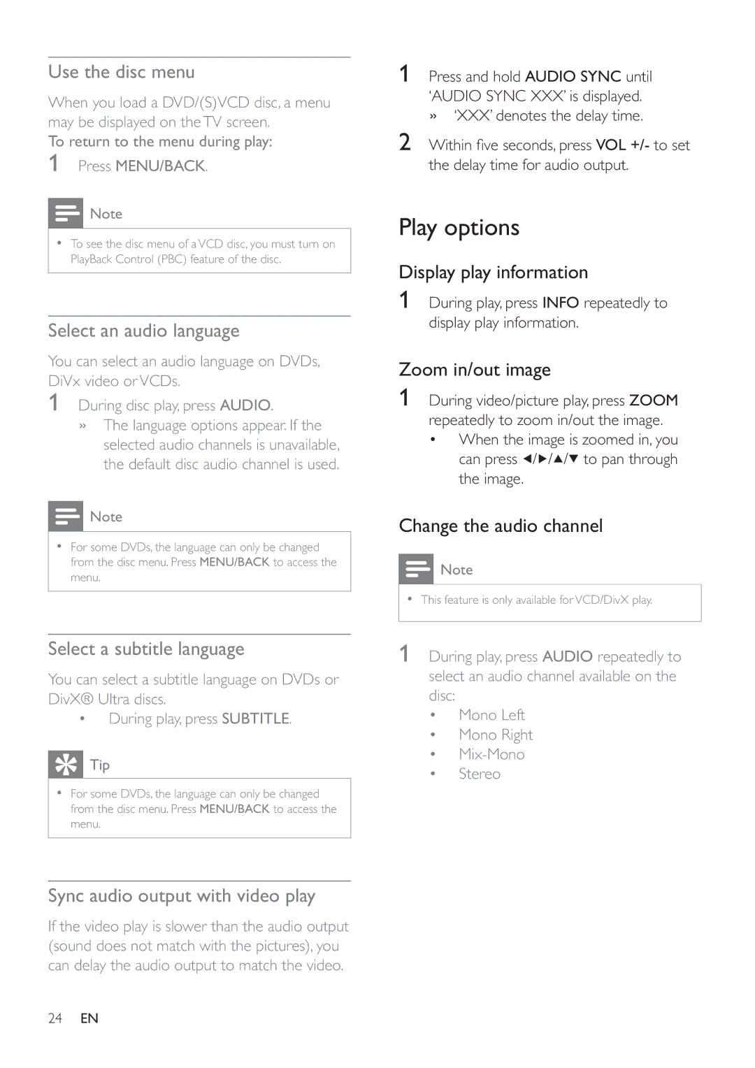 Philips HSB2351/55 user manual Play options 