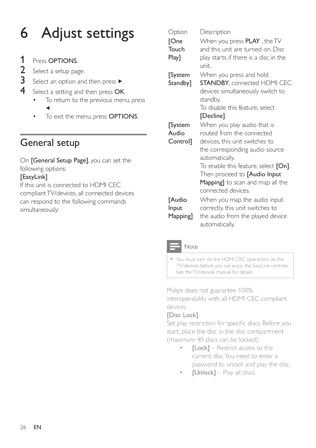 Philips HSB2351/55 user manual Adjust settings, General setup 