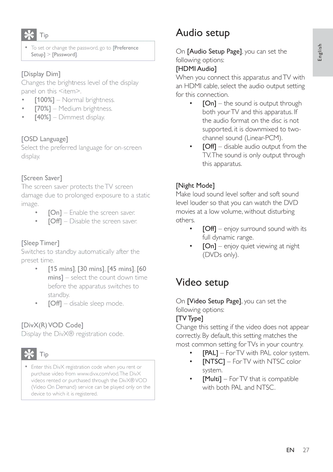 Philips HSB2351/55 user manual Audio setup, Video setup, On Audio Setup Page, you can set 