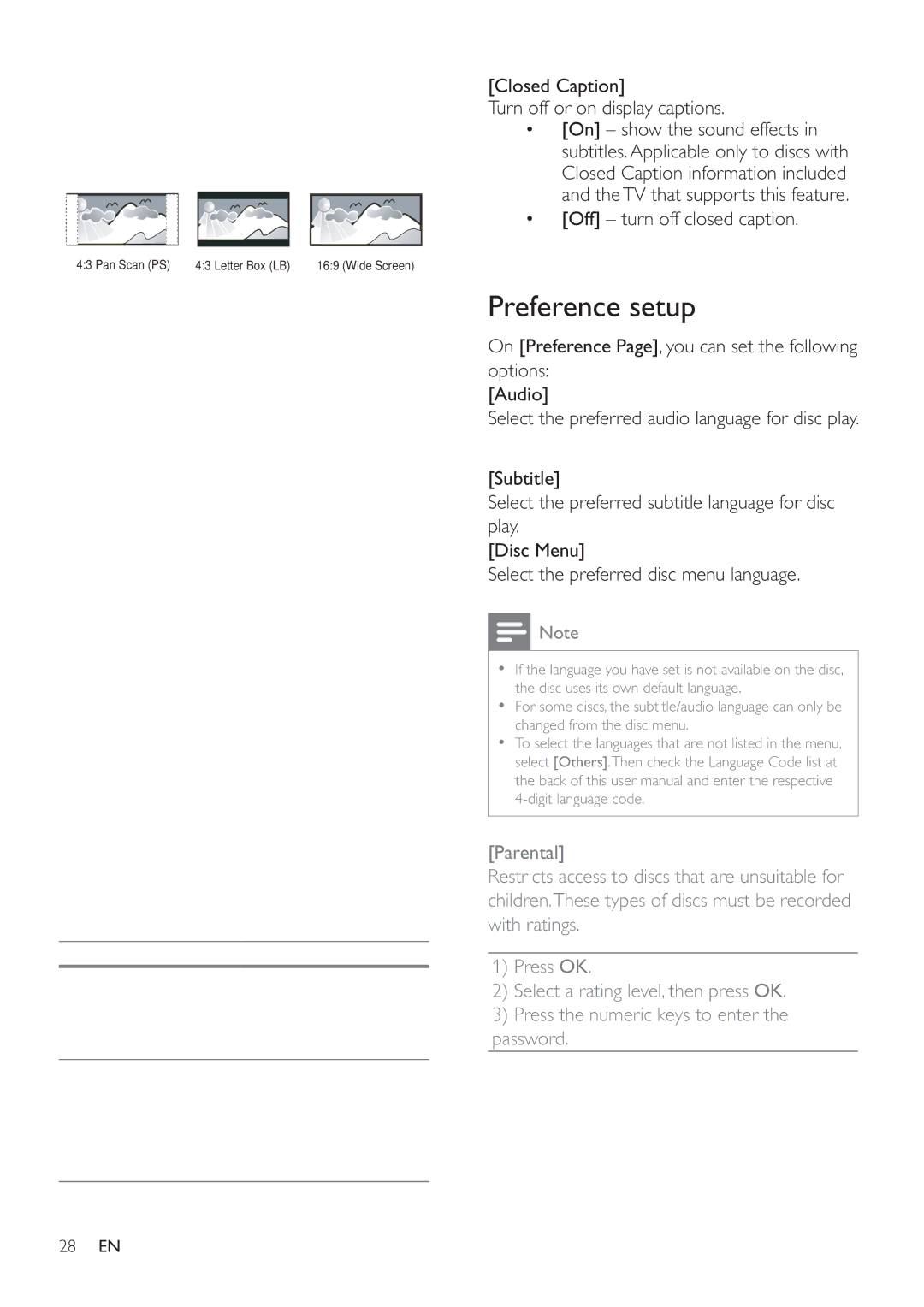 Philips HSB2351/55 user manual Preference setup, Off turn off closed caption 