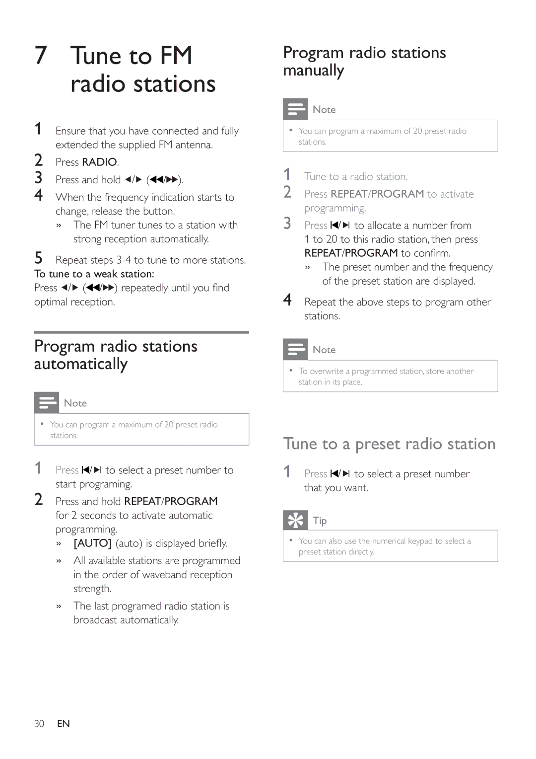 Philips HSB2351/55 Program radio stations automatically, Program radio stations manually, Tune to a preset radio station 