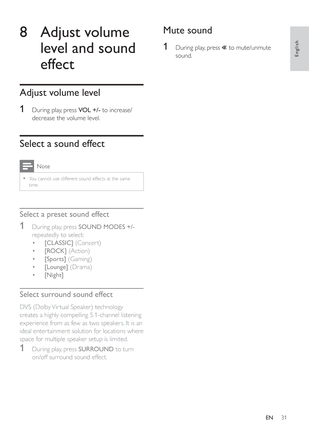 Philips HSB2351/55 Adjust volume level and sound effect, Select a sound effect, Mute sound, Select surround sound effect 