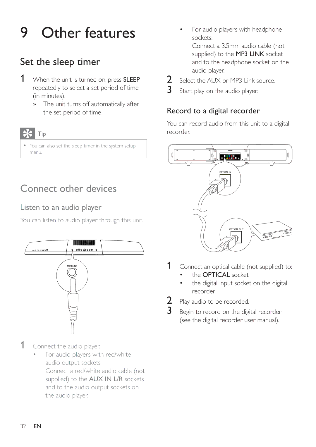 Philips HSB2351/55 user manual Other features, Set the sleep timer, Connect other devices, Listen to an audio player 