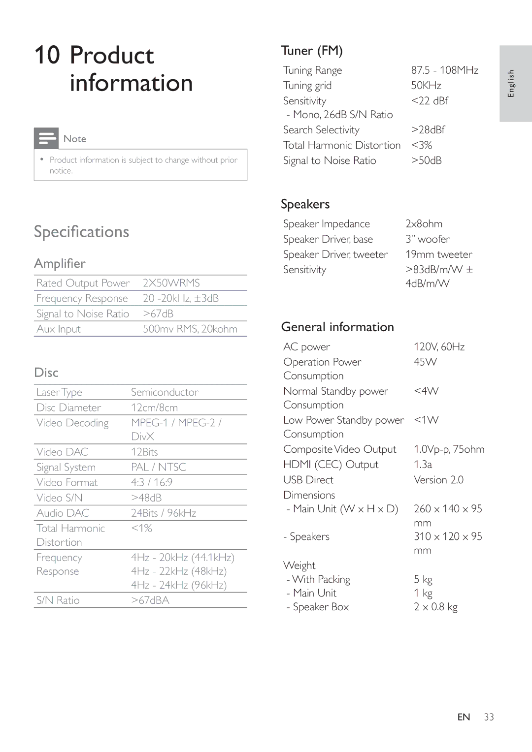 Philips HSB2351/55 user manual Speciﬁ cations 