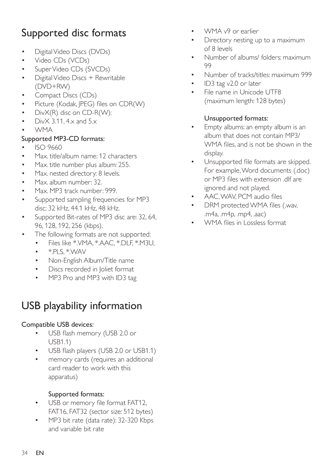 Philips HSB2351/55 user manual Supported disc formats, USB playability information 