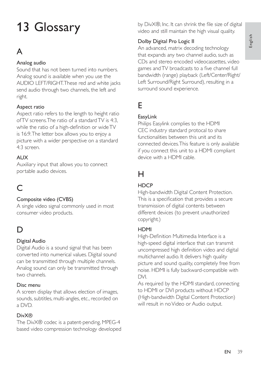 Philips HSB2351/55 user manual Glossary, Aux, Dolby Digital Pro Logic, Hdcp, Hdmi 