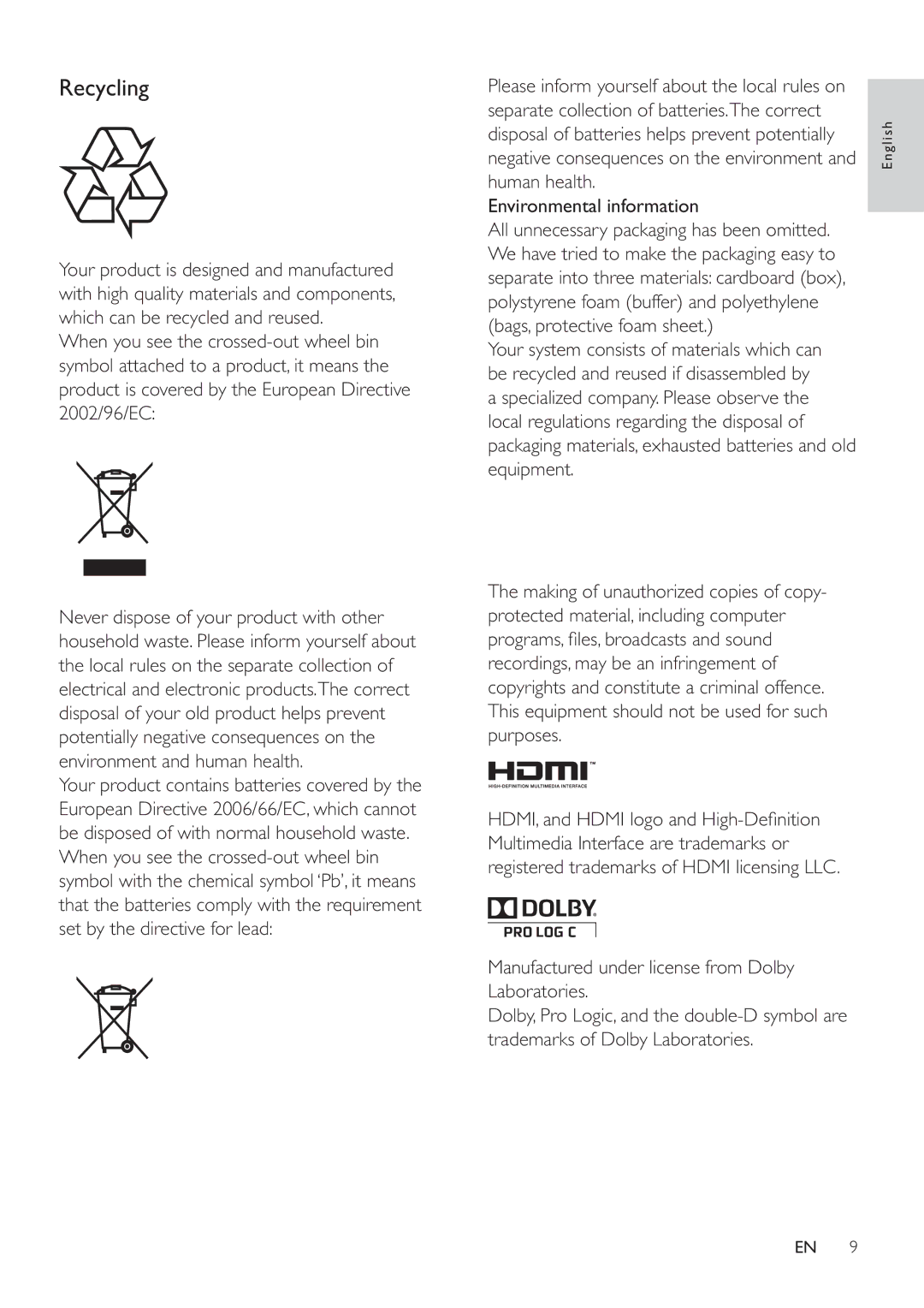 Philips HSB2351/55 user manual Recycling, Manufactured under license from Dolby Laboratories 