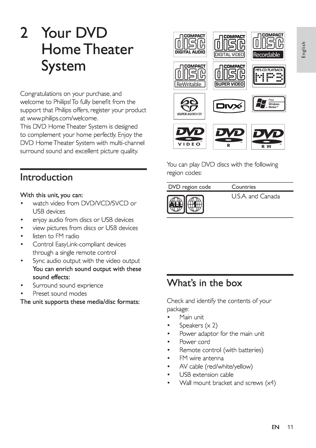 Philips HSB2351/55 user manual Introduction, What’s in the box, 2Your DVD HomeTheater System 