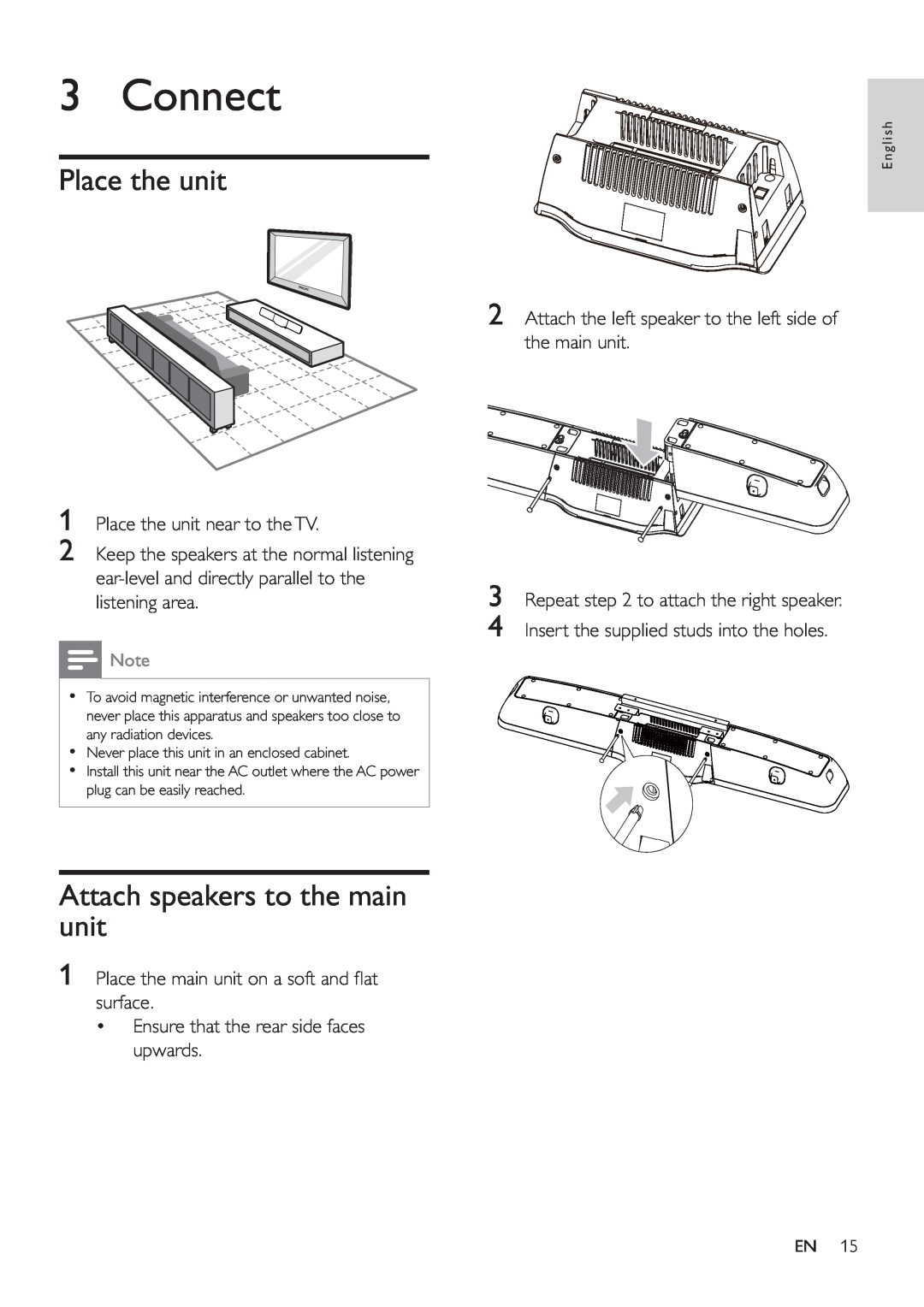 Philips HSB2351/55 user manual Connect, Place the unit, Attach speakers to the main unit 