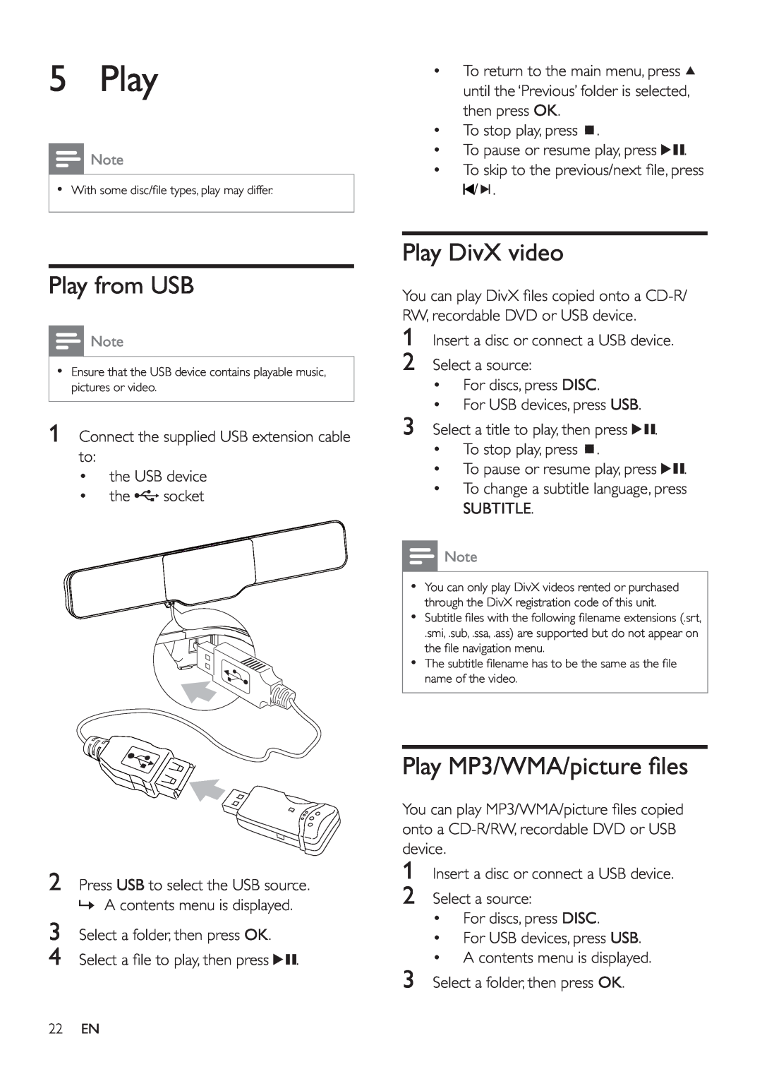 Philips HSB2351/55 user manual Play from USB, Play DivX video, Play MP3/WMA/picture ﬁ les 