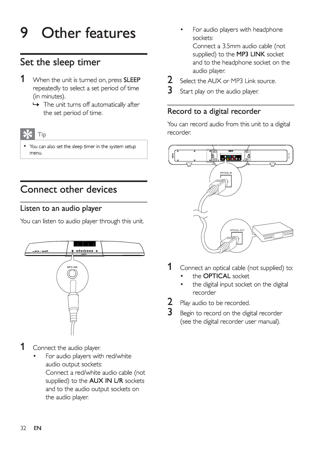 Philips HSB2351/55 user manual Other features, Set the sleep timer, Connect other devices, Listen to an audio player 
