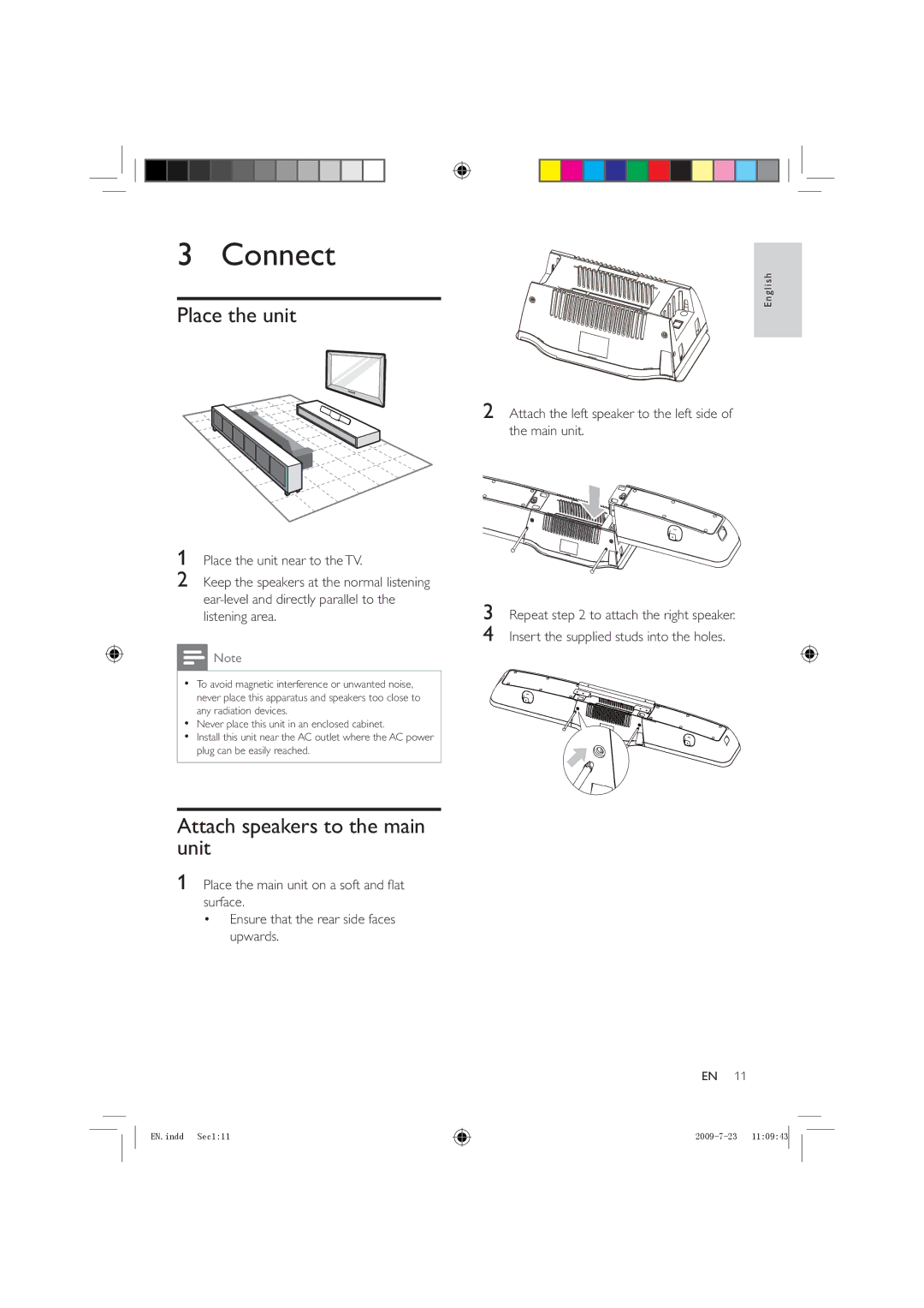 Philips HSB2351X/78 manual Connect, Place the unit, Attach speakers to the main unit 