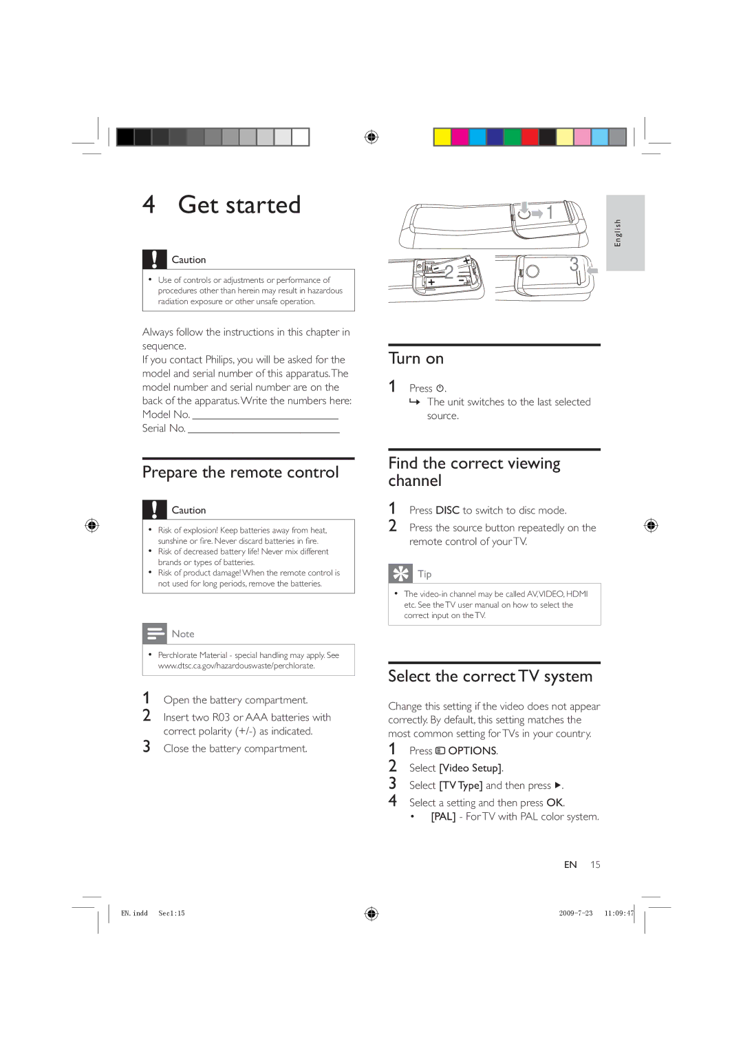 Philips HSB2351X/78 manual Get started, Turn on, Prepare the remote control, Find the correct viewing channel 