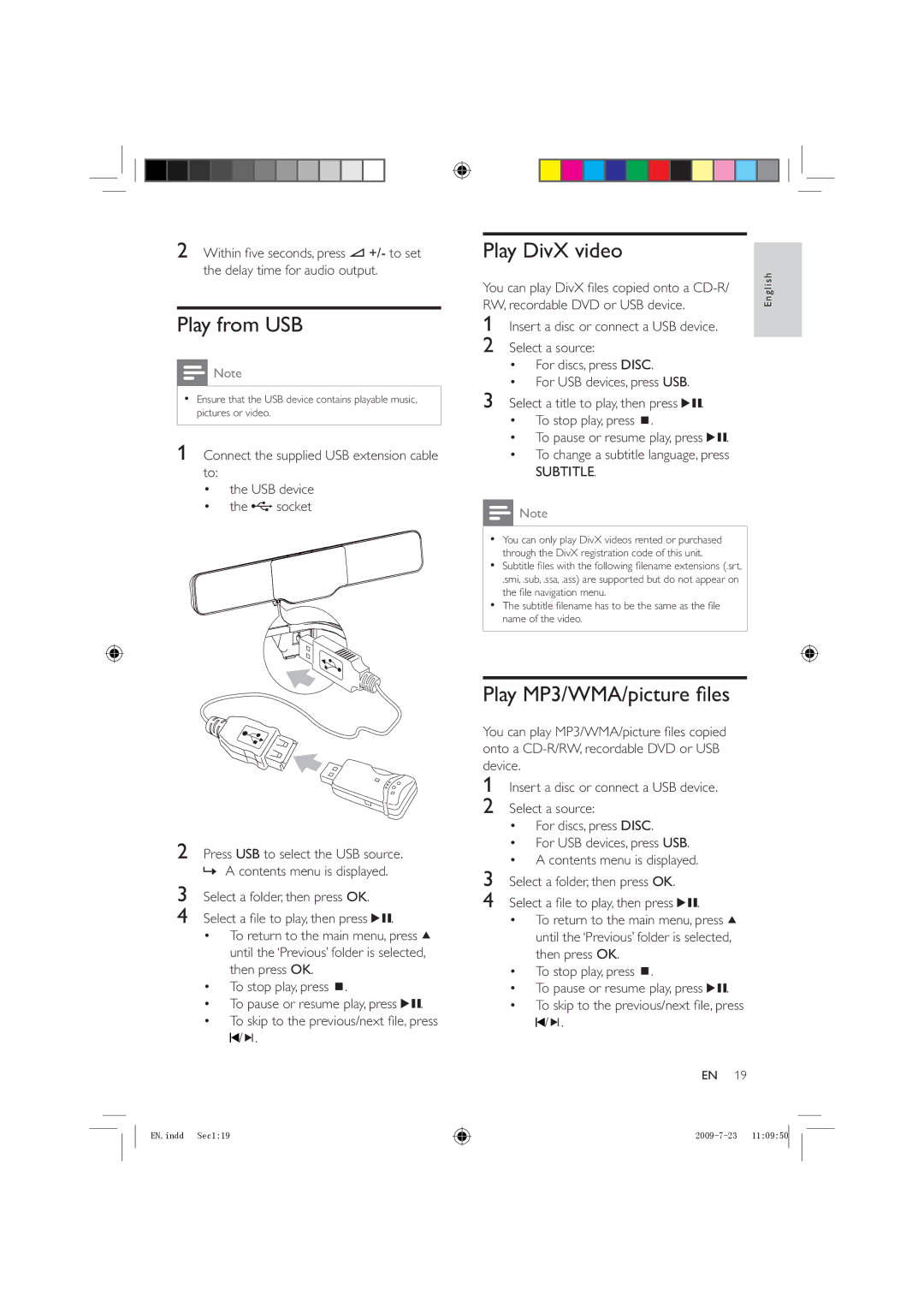 Philips HSB2351X/78 manual Play from USB, Play DivX video, Play MP3/WMA/picture les, Subtitle 