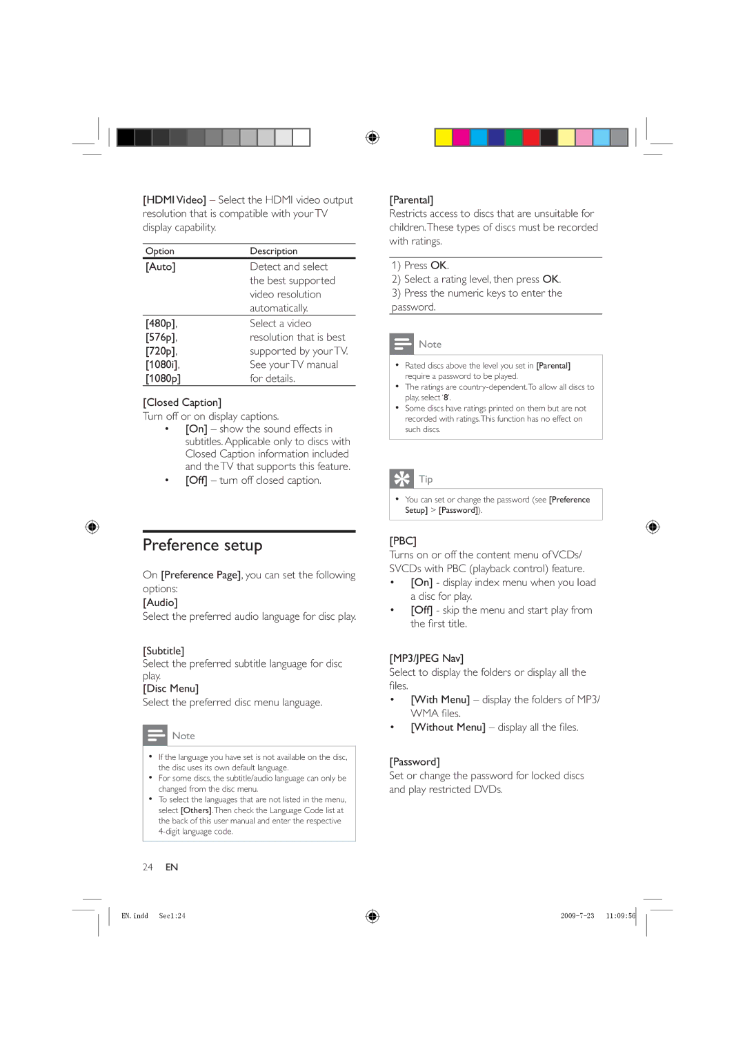 Philips HSB2351X/78 manual Preference setup, 720p, On Preference Page, you can set the following options Audio, Pbc 