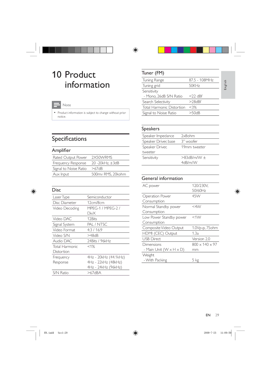 Philips HSB2351X/78 manual Product information, Speci cations 