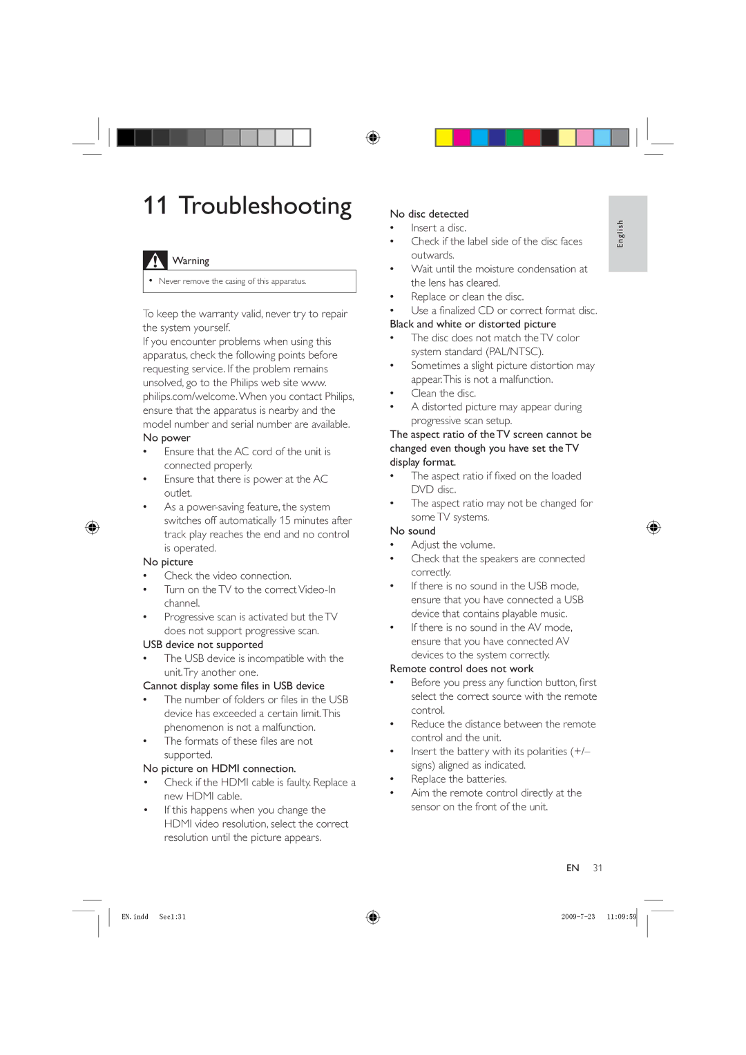 Philips HSB2351X/78 manual Troubleshooting, No disc detected, Check if the label side of the disc faces 