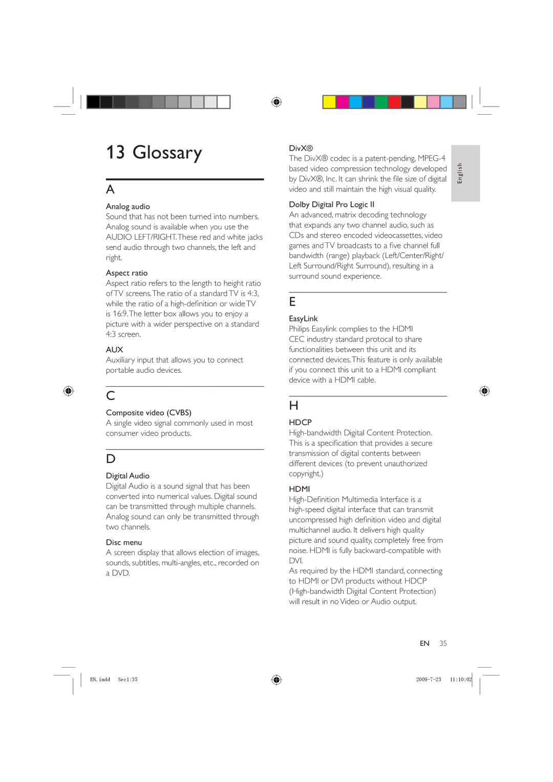 Philips HSB2351X/78 manual Glossary, Aux, Hdcp, Hdmi 