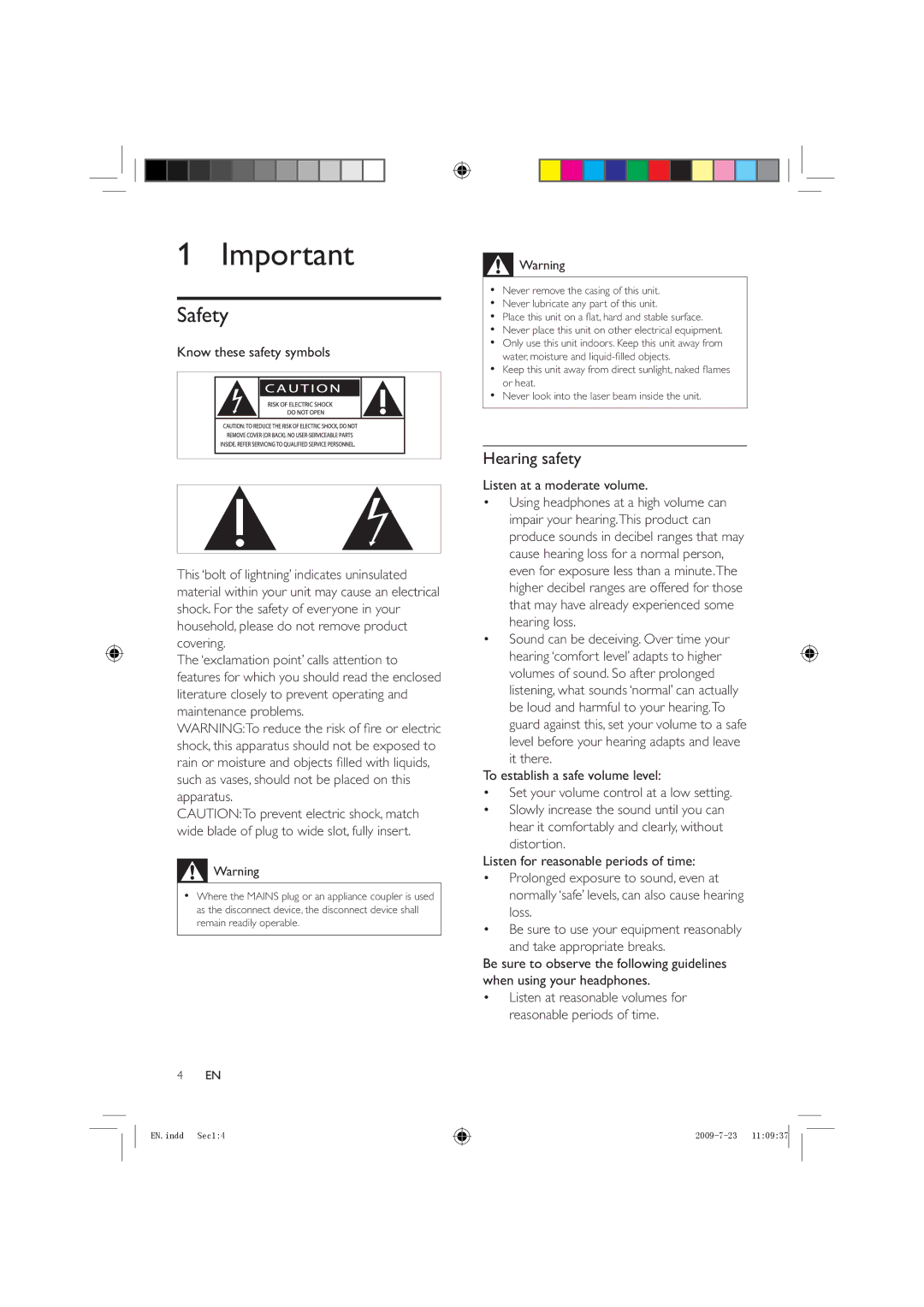 Philips HSB2351X/78 manual Safety, Hearing safety, Know these safety symbols, Listen at a moderate volume 