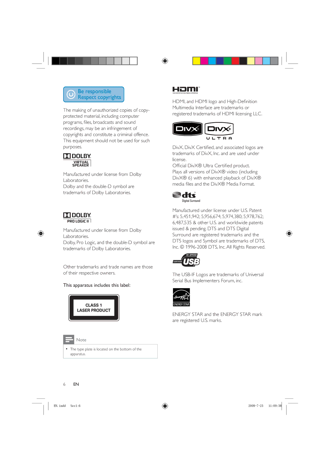 Philips HSB2351X/78 manual Manufactured under license from Dolby Laboratories 