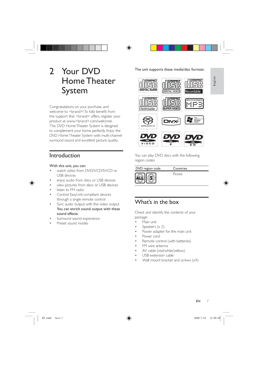 Philips HSB2351X/78 manual Your DVD HomeTheater System, Introduction, What’s in the box, Russia 