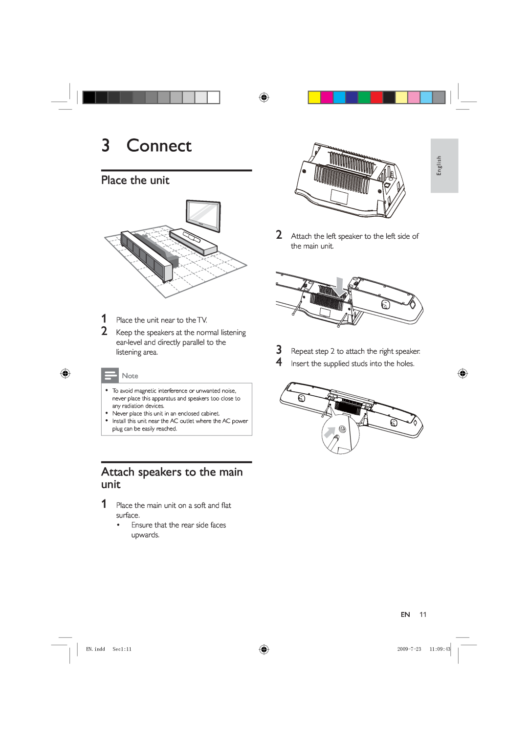 Philips HSB2351X/78 manual Connect, Place the unit, Attach speakers to the main unit 