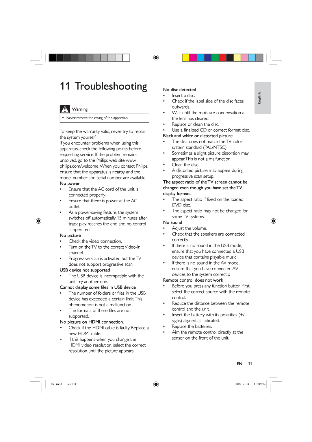 Philips HSB2351X/78 manual Troubleshooting 