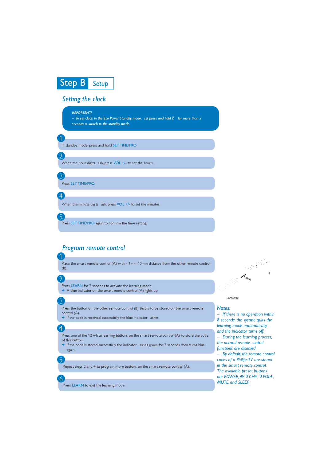 Philips HSB3280 quick start Setting the clock, Program remote control 