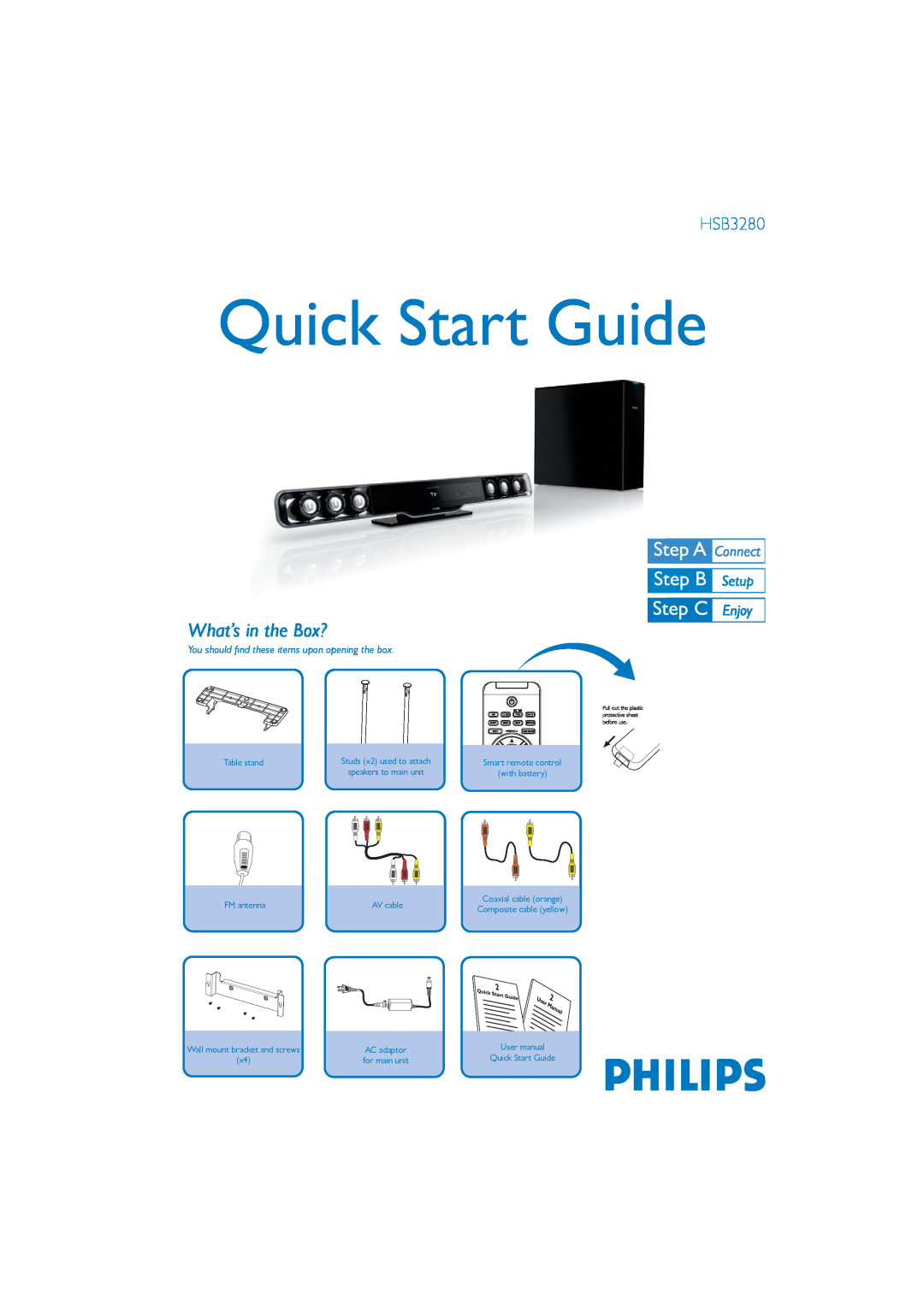 Philips HSB3280 quick start What’s in the Box?, Quick Start Guide, Table stand, Studs x2 used to attach, with battery 