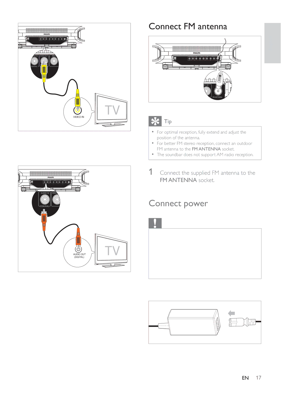 Philips HSB3280/F7 user manual Connect FM antenna, Connect power, Connect the supplied FM antenna to the FM Antenna socket 