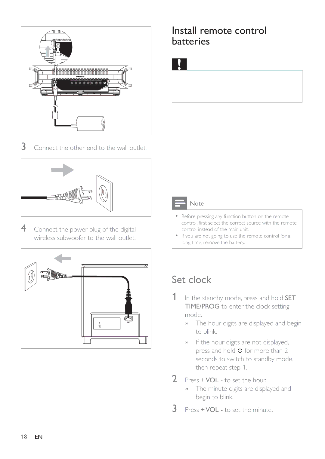 Philips HSB3280/F7 user manual Install remote control batteries, Set clock, Connect the other end to the wall outlet 