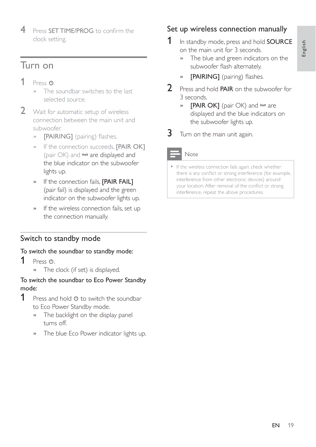 Philips HSB3280/F7 user manual Switch to standby mode, Set up wireless connection manually, Turn on the main unit again 