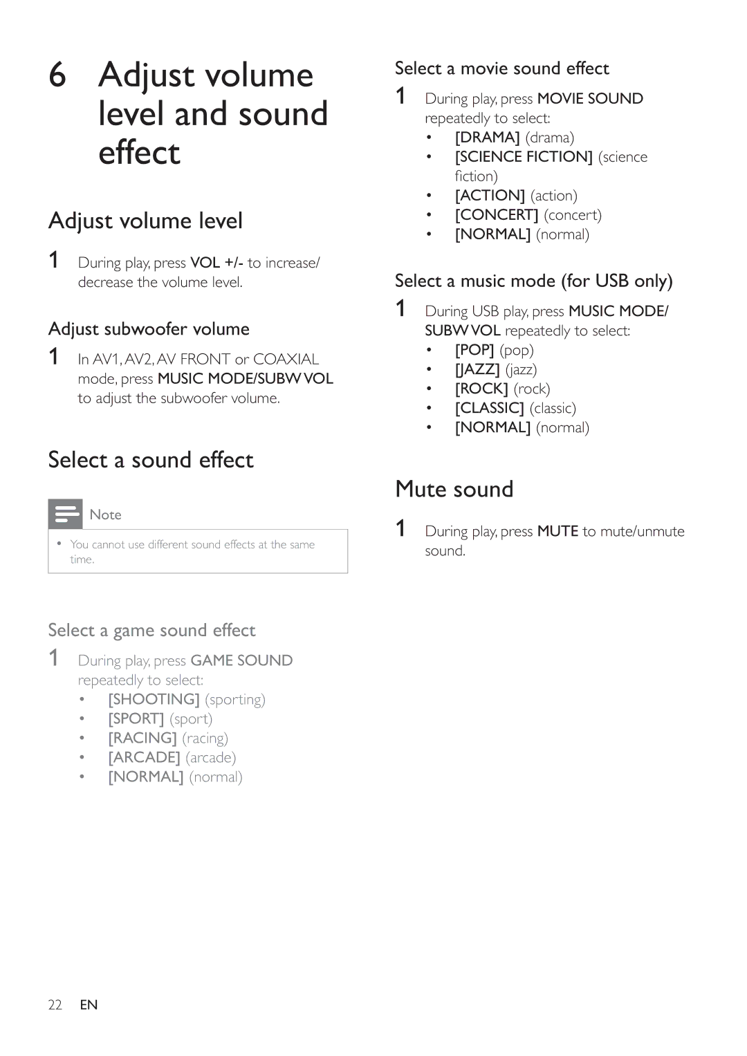 Philips HSB3280/F7 user manual Adjust volume level and sound effect, Select a sound effect, Mute sound 