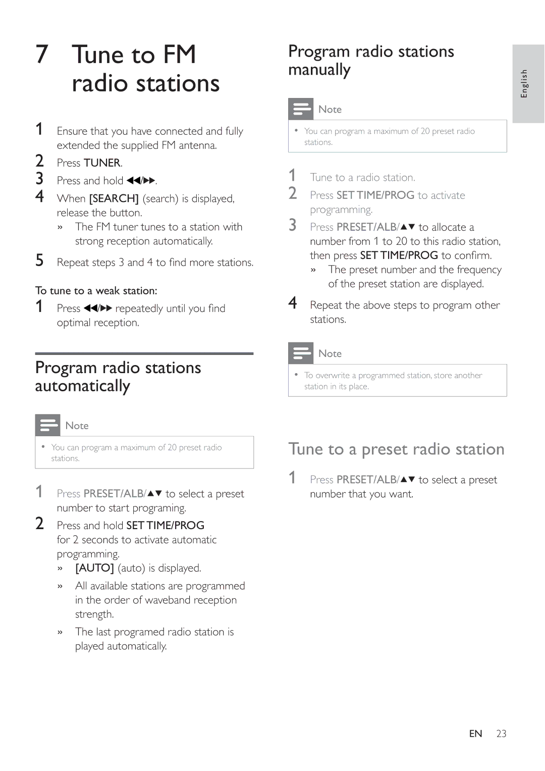 Philips HSB3280/F7 Program radio stations automatically, Program radio stations Manually, Tune to a preset radio station 