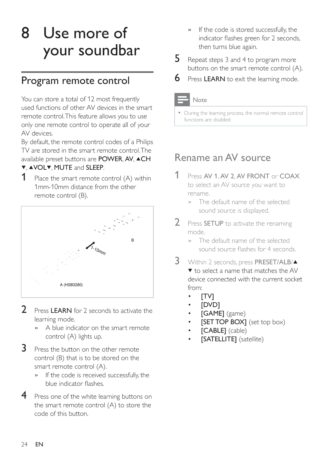 Philips HSB3280/F7 user manual Program remote control, Rename an AV source, Press Learn to exit the learning mode 