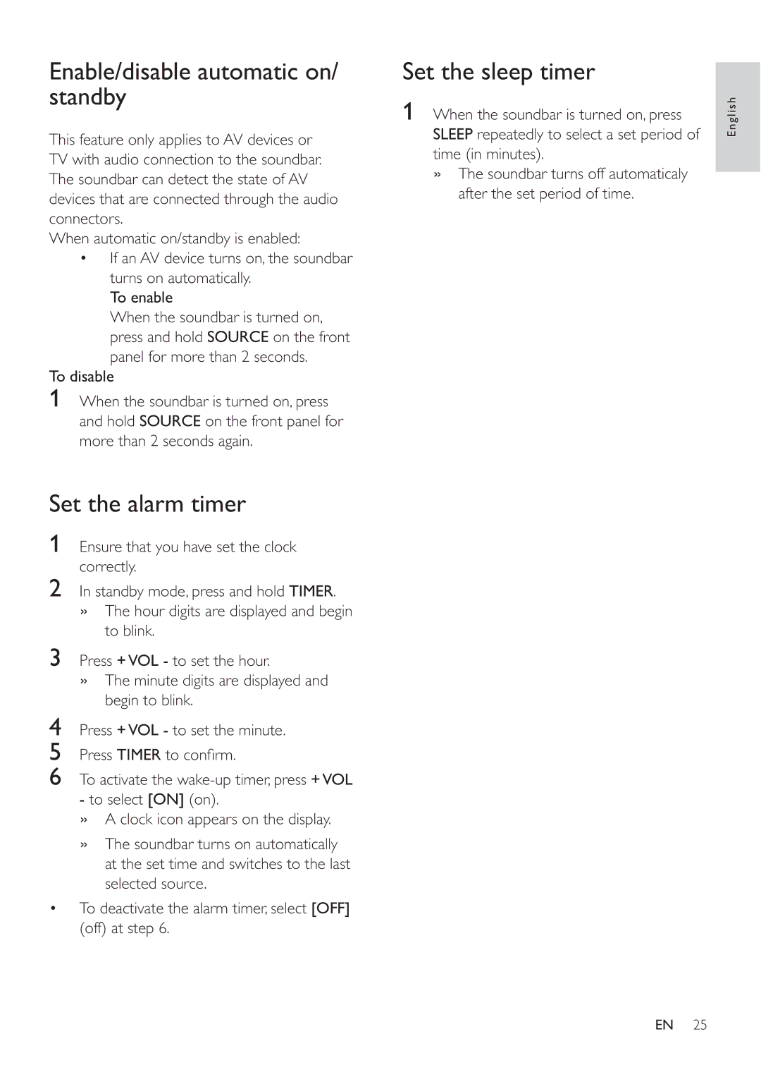 Philips HSB3280/F7 user manual Enable/disable automatic on/ standby, Set the alarm timer, Set the sleep timer, To disable 