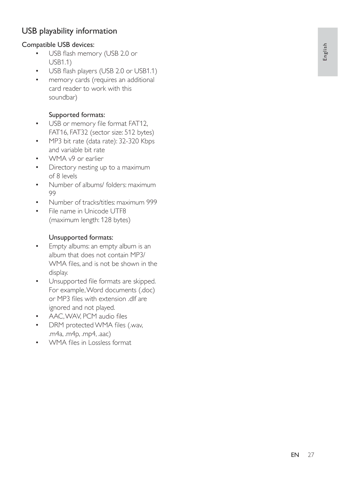 Philips HSB3280/F7 user manual USB playability information 