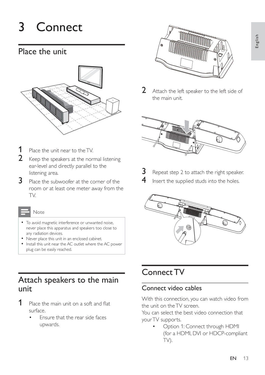 Philips HSB4352/12 user manual Place the unit, Attach speakers to the main unit, Connect TV, Connect video cables 