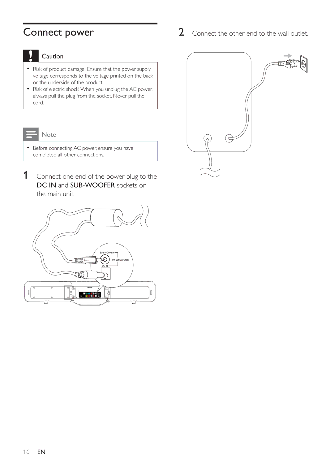 Philips HSB4352/12 user manual Connect power, Connect the other end to the wall outlet 