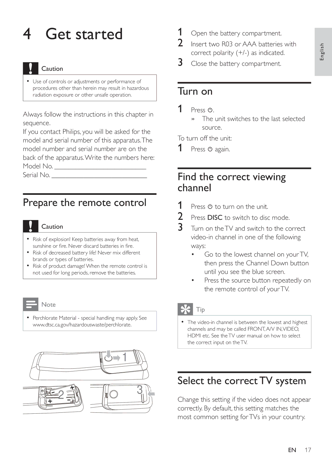 Philips HSB4352/12 user manual Get started, Prepare the remote control, Turn on, Find the correct viewing channel 