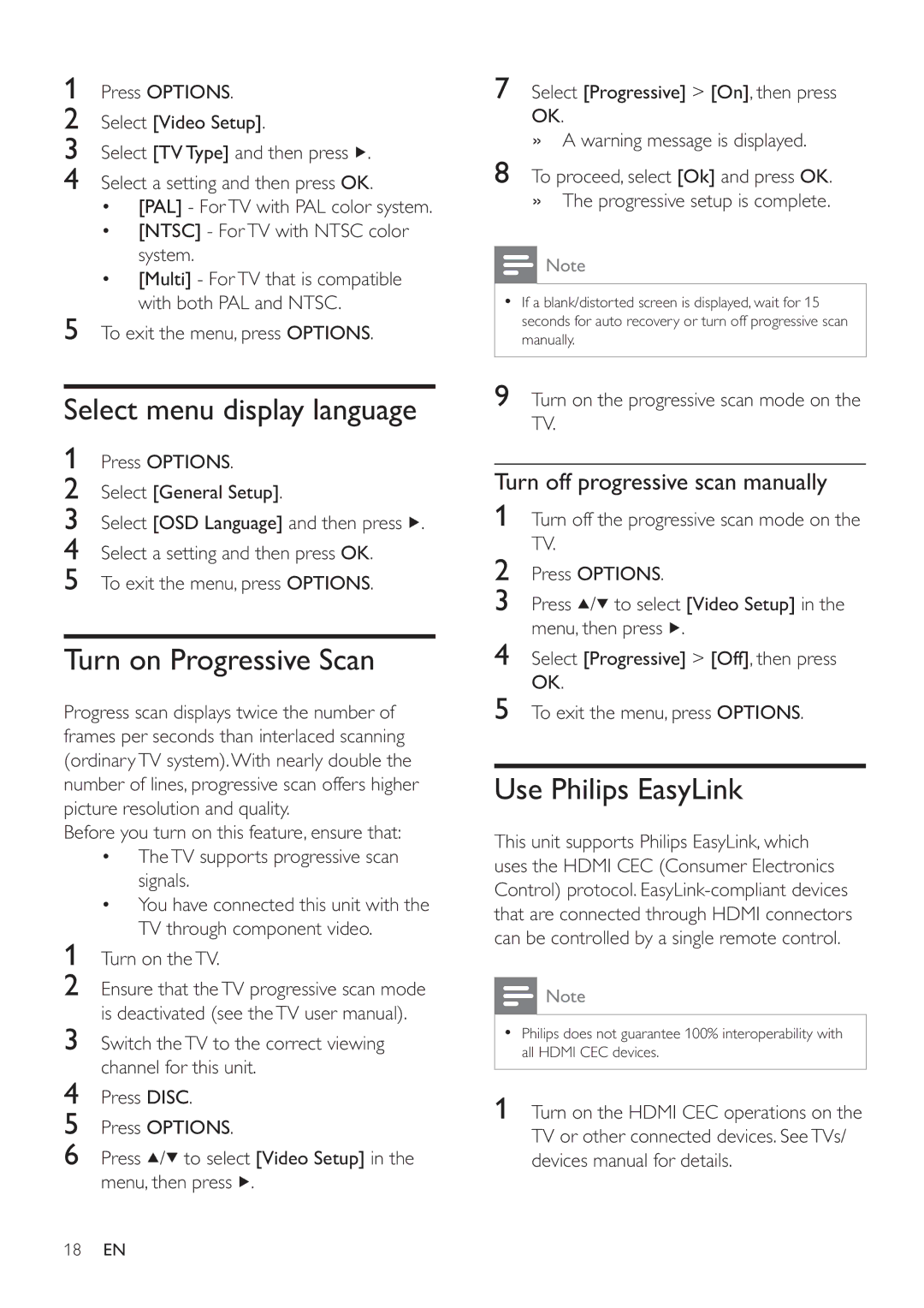 Philips HSB4352/12 user manual Select menu display language, Turn on Progressive Scan, Use Philips EasyLink 