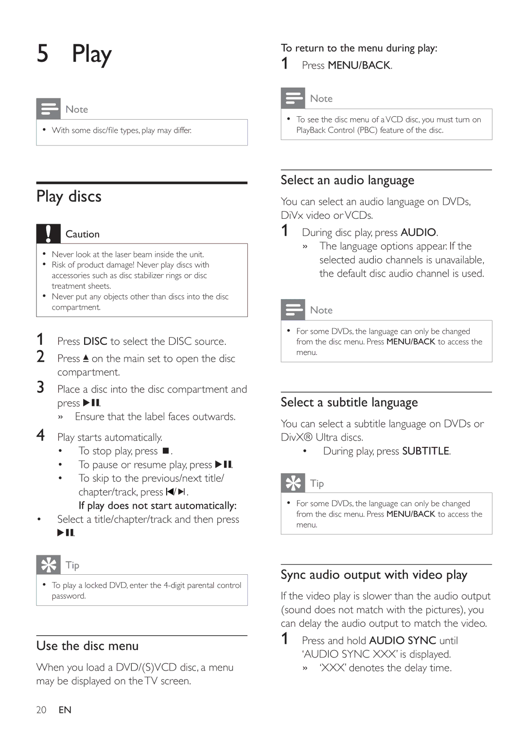 Philips HSB4352/12 user manual Play discs 